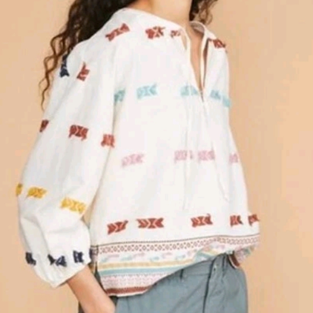 Lou & Grey Off-White Peasant Tapestry Bohemian Getaway Blouse Cotton Size Large